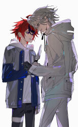 Rule 34 | 2boys, absurdres, ahoge, aotsuki eito, binxngchng1, black gloves, black pants, black streaks, blue eyes, blue jacket, chinese commentary, cowboy shot, drawstring, eye contact, glasses, gloves, grey hair, grey jacket, highres, holding, holding knife, hood, hoodie, jacket, knife, looking at another, male focus, multicolored hair, multicolored jacket, multiple boys, open clothes, open jacket, outstretched arm, pants, parted lips, pocket, purple eyes, red hair, short hair, simple background, sketch, smile, spoilers, streaked hair, sumino takumi, the hundred line -last defense academy-, thigh strap, two-tone jacket, white background, white hoodie, white jacket, white pants, zipper