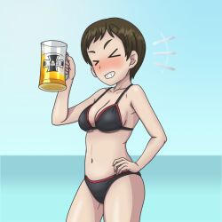 Rule 34 | &gt; &lt;, 1girl, alcohol, beer, beer mug, bikini, black bikini, breasts, brown hair, cleavage, closed eyes, commentary request, cross, cup, emblem, girls und panzer, grin, hand on own hip, horizon, iron cross, kkonmulbeom nyomy, kojima emi, kuromorimine (emblem), medium breasts, mug, ocean, red trim, short hair, smile, solo, swimsuit, upper body