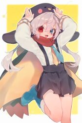 Rule 34 | 1girl, :3, animal ears, aqua boots, aqua necktie, arms up, bird hat, black skirt, blue eyes, boots, border, borrowed character, cape, chromatic aberration, commission, cowboy shot, double-parted bangs, flat chest, happy, hat, highres, knee up, long hair, long sleeves, looking at viewer, lop rabbit ears, makoto (konbumi), multiple neckties, necktie, open mouth, original, outline, outside border, penguin hat, rabbit ears, rabbit girl, rabbit pose, red eyes, red scarf, scarf, second-party source, shirt, skeb commission, skirt, smile, solo, standing, standing on one leg, suspender skirt, suspenders, twintails, white border, white hair, white outline, white shirt, yellow background, yellow necktie