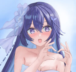 1girl blue_background blue_eyes blue_hair breasts cleavage colored_inner_hair commentary fang flower four-finger_heart_hands hair_flower hair_ornament heart heart_hands highres honkai_(series) honkai_impact_3rd long_hair masita_(kcsf3528) medium_breasts multicolored_hair open_mouth seele_vollerei seele_vollerei_(herrscher_of_rebirth) simple_background skin_fang solo two-tone_hair very_long_hair
