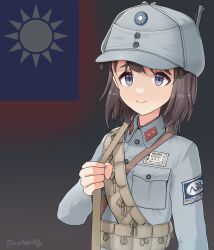 1girl absurdres ammunition_pouch artist_name bandolier belt blue_hat blue_jacket brown_hair closed_mouth commentary flag_background gun gun_sling hat highres holding jacket leochan1202 long_hair looking_at_viewer military military_rank_insignia military_uniform original people&#039;s_liberation_army pouch purple_eyes red_shirt republic_of_china_flag rifle second_sino-japanese_war shirt short_hair smile solo upper_body weapon world_war_ii