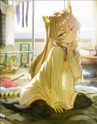 1girl aisaka_taiga animal_ear_fluff animal_ears backlighting between_legs black_thighhighs blush brown_eyes brown_hair closed_mouth commentary full_body hair_between_eyes hand_between_legs hand_on_own_chin hand_up head_tilt highres indoors kemonomimi_mode leaning_forward long_hair long_sleeves looking_at_viewer no_shoes open_clothes open_shirt panties see-through_clothes see-through_shirt shirt sitting solo tail tatami thighhighs tiger_ears tiger_girl tiger_tail toradora! twitter_username underwear upturned_eyes v-shaped_eyebrows waligner wariza white_panties white_shirt zettai_ryouiki