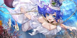 1girl alternate_costume bare_shoulders black_choker blue_eyes blue_hair breasts canata_katana chain choker cleavage collarbone commentary coral coral_reef dress earth_(ornament) english_commentary fish fish_request game_cg gold_chain hecatia_lapislazuli hecatia_lapislazuli_(earth) hecatia_lapislazuli_(tropical_goddess) highres large_breasts long_hair moon_(ornament) off-shoulder_dress off_shoulder official_art open_mouth pantyhose purple_nails smile solo swimming third-party_source touhou touhou_lostword underwater underworld_(ornament) white_dress white_pantyhose