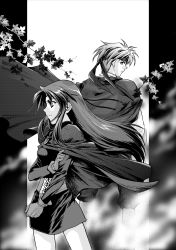 1boy 1girl cape circlet closed_mouth commentary_request dress flik_(suikoden) gensou_suikoden gensou_suikoden_i gloves greyscale headband long_hair monochrome nib_pen_(medium) odessa_silverberg pen_(medium) short_hair shuri_yasuyuki traditional_media