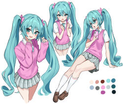 1girl aqua_eyes aqua_hair aqua_shirt arms_up bib_(bibboss39) bow cellphone cropped_legs from_above full_body hair_between_eyes hair_bow hatsune_miku highres holding holding_phone kneehighs long_hair looking_at_viewer multiple_views open_mouth phone pink_bow pink_sweater_vest pleated_skirt school_uniform shirt shorts simple_background skirt socks sweater_vest twintails very_long_hair vocaloid white_background white_socks