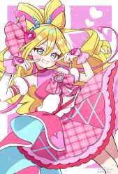 1girl arm_warmers bare_shoulders beads blonde_hair blue_eyes bow-shaped_hair choker collarbone commentary_request cowboy_shot crop_top cure_idol detached_sleeves drill_hair earrings grin hair_beads hair_between_eyes hair_ornament hair_ribbon headset heart heart_earrings heart_hair_ornament highres hiiragi_syuu idol_heart_brooch jewelry kimi_to_idol_precure layered_skirt long_hair looking_at_viewer magical_girl midriff multicolored_hair navel pink_choker pink_hair pink_ribbon pink_shirt pink_skirt pink_wrist_cuffs plaid_clothes plaid_ribbon plaid_skirt pointing pointing_at_self precure puffy_detached_sleeves puffy_sleeves ribbon sakura_uta_(precure) shirt single_arm_warmer skirt smile solo two-tone_hair white_sleeves wrist_cuffs