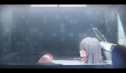 1girl absurdres bathroom blue_archive blush closed_mouth commentary from_side green_halo halo highres in_bathtub indoors knees_up letterboxed long_hair looking_ahead lying mirusen1x miyako_(blue_archive) partially_submerged profile signature solo sunlight tiles wet wet_hair white_hair