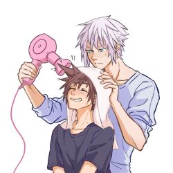 2boys arm_up black_shirt blue_eyes brown_hair closed_eyes closed_mouth collarbone commentary crew_neck grin hair_dryer hand_on_another&#039;s_head hashtag-only_commentary highres holding holding_hair_dryer kingdom_hearts male_focus melasyj multiple_boys riku_(kingdom_hearts) shirt short_sleeves simple_background smile sora_(kingdom_hearts) spiked_hair t-shirt teeth towel towel_on_head white_background white_shirt