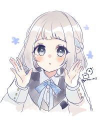 1girl :o blue_bow blush bow braid collared_shirt commentary_request cropped_torso dress_shirt gakuen_idolmaster grey_eyes grey_hair highres idolmaster jacket katsuragi_lilja long_sleeves looking_at_viewer parted_lips rino_cnc shirt simple_background solo twitter_username upper_body white_background white_jacket white_shirt