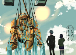 1boy 1girl cable challia_bull cloud commentary_request comoli_harcourt dougram fukami_(trash_sp) gundam gundam_gquuuuuux is_this_the_rose_of_sharon?_(meme) machinery mecha meme military_uniform parody robot science_fiction shoulder_cannon sitting sun taiyou_no_kiba_dougram wreckage zeon