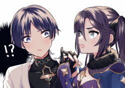 !? 1boy 1girl aqua_eyes assertive_female black_bodysuit black_bow black_choker blunt_bangs blunt_ends blush bodysuit bow breasts choker cleavage closed_mouth couple covered_collarbone earrings eyeliner eyeshadow fingernails fur_collar furrowed_brow genshin_impact gold gold_trim hair_between_eyes hair_bow hetero highres holding_hands interlocked_fingers japanese_clothes jewelry kimono long_hair looking_at_another makeup mandarin_collar medium_breasts mona_(genshin_impact) open_mouth parted_bangs purple_eyes purple_hair purple_sleeves red_eyeliner red_eyeshadow remind_lam22 scaramouche_(genshin_impact) shoulder_peek sidelocks spoken_interrobang star_(symbol) star_choker star_earrings star_ornament star_pendant three_quarter_view twintails wanderer_(genshin_impact) white_background white_kimono white_sleeves wide-eyed