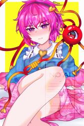 Rule 34 | absurdres, black hairband, blouse, blue shirt, blush, breasts, buttons, eyeball, frilled shirt collar, frilled sleeves, frills, hair ornament, hairband, heart, heart button, heart hair ornament, heart of string, highres, hirwannew, komeiji satori, medium breasts, pink eyes, pink hair, pink skirt, ribbon-trimmed collar, ribbon trim, shirt, skirt, subterranean animism, third eye, touhou, wide sleeves