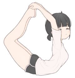1girl 1ssakawaguchi absurdres arched_back arms_up barefoot black_hair black_shorts breasts closed_eyes closed_mouth dolphin_shorts flexible from_side highres holding_own_foot ichika_(1ssakawaguchi) light_blush lying medium_breasts on_stomach original petite ponytail shirt short_ponytail short_shorts short_sleeves shorts simple_background solo thighs white_background white_shirt