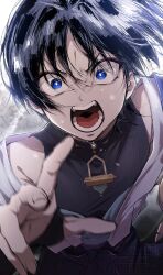 Rule 34 | 1boy, 5656hayururi, absurdres, angry, black bodysuit, black bow, black hair, black shorts, blue eyes, blue kimono, bodysuit, bow, covered collarbone, eyeliner, eyeshadow, feathers, fingernails, frown, furrowed brow, genshin impact, gold, han&#039;eri, highres, japanese clothes, kimono, layered kimono, makeup, male focus, motion blur, motion lines, open clothes, open hand, open kimono, open mouth, purple rope, purple sash, red eyeliner, red eyeshadow, rope, running towards viewer, sash, scaramouche (genshin impact), shorts, shoulder peek, solo, sweat, teeth, tongue, upper body, v-shaped eyebrows, wanderer (genshin impact), watermark, white background, white kimono, wide-eyed, wispy bangs, yellow feathers
