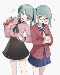 +++ 2girls ? absurdres aqua_hair bandaid bandaid_on_neck barbell_piercing black-framed_eyewear black_nails black_ribbon black_skirt blue_eyes blue_sailor_collar blue_skirt cardigan cheek_piercing cinderella_(vocaloid) cup disposable_coffee_cup disposable_cup drinking_straw dual_persona ear_piercing earrings fangs frilled_shirt_collar frills glasses hair_ribbon halftone hatsune_miku head_tilt heart highres holding holding_cup industrial_piercing jewelry jirai_kei long_hair long_sleeves looking_at_another mask mouth_mask multiple_girls neck_ribbon neckerchief okome_(okome_0627ha) piercing pink_shirt pleated_skirt red_cardigan red_neckerchief ribbon ring sailor_collar school_uniform semi-rimless_eyewear serafuku shirt shirt_tucked_in simple_background skirt smile songover twintails vampire_(vocaloid) vocaloid white_background white_shirt