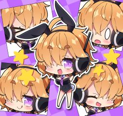 &gt;_&lt; 0_0 1girl :d :q animal_ears black_leotard black_shoes blush breasts checkered_background chibi chibi_only closed_eyes closed_mouth commentary covered_navel detached_collar double_v fake_animal_ears full_body hair_over_one_eye hands_up headphones highres leotard looking_at_viewer milkpanda multiple_views necktie one_piece open_mouth orange_hair outline playboy_bunny purple_background purple_eyes purple_necktie rabbit_ears rabbit_tail shoes short_hair smile standing star_(symbol) strapless strapless_leotard tail thick_eyebrows tongue tongue_out v vegapunk_lilith white_outline