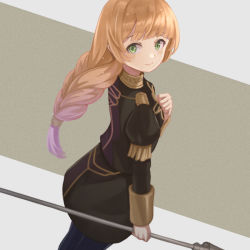 1girl blonde_hair closed_mouth fire_emblem fire_emblem:_three_houses garreg_mach_monastery_uniform green_eyes holding ingrid_brandl_galatea long_hair long_sleeves nintendo polearm purea smile solo weapon
