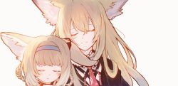 2girls absurdres animal_ears arknights blonde_hair chi_muranami closed_eyes commentary_request fox_ears fox_girl hairband highres mother_and_daughter multiple_girls suzuran_(arknights) vulpisfoglia_(arknights) white_background