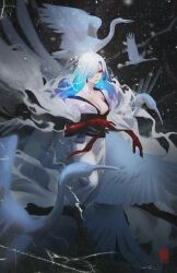 1girl absurdres alternate_costume alternate_hair_color bird blue_eyes blue_hair breasts cleavage colored_extremities colored_skin crane_(animal) daniel_deng genshin_impact glowing glowing_hair hair_ornament hair_over_one_eye highres japanese_clothes kimono large_breasts long_hair looking_at_viewer multicolored_hair multicolored_skin red_hands red_skin shenhe_(genshin_impact) solo two-tone_hair two-tone_skin very_long_hair white_hair yuki_onna