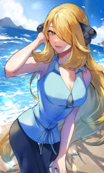 1girl absurdres black_pants blonde_hair blue_shirt breasts cleavage closed_mouth cloud collared_shirt commentary_request cynthia_(pokemon) day eyelashes grey_eyes hair_ornament hair_over_one_eye hand_up highres holding holding_poke_ball long_hair medium_breasts nintendo outdoors pants poke_ball pokemon pokemon_(anime) pokemon_bw_(anime) premier_ball sand shirt shore sky sleeveless sleeveless_shirt smile solo standing very_long_hair water wawatiku