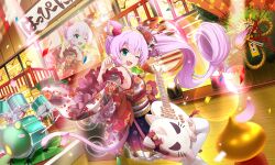 1girl ;d ahoge animal_ear_fluff animal_ears aqua_eyes artist_request blue_skirt cat_ears cat_girl cat_tail confetti detached_sleeves dress drum drum_set electric_guitar falling_petals fang floral_print flower foot_out_of_frame frilled_dress frills grey_kimono guitar hair_flower hair_ornament hair_stick hairband hand_up heart heart_ahoge heart_hair_ornament holding holding_guitar holding_instrument holding_plectrum instrument japanese_clothes kanzashi kimono leg_up lens_flare long_hair looking_at_viewer obi obijime official_art one_eye_closed open_mouth petals pink_hair plectrum rosia_(show_by_rock!!) sash shimekazari show_by_rock!! side_ponytail skirt sleeveless sleeveless_kimono smile solo sparkle stage stage_lights tail thighhighs third-party_source white_thighhighs yellow_hairband