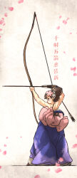 aiming archery arrow_(projectile) back blue_hakama bow_(weapon) brown_eyes brown_hair cherry_blossoms drawing_bow hakama hakama_skirt highres holding holding_arrow holding_bow_(weapon) holding_weapon ironlily japanese_clothes kyuudou obi original sash skirt toned toned_female translation_request weapon yumi_(bow)