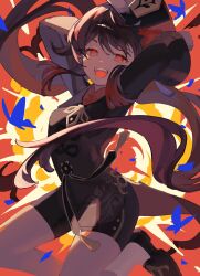 1girl arms_up black_coat black_hair black_hat black_ribbon black_shoes black_shorts blue_butterfly blush branch bug butterfly chinese_clothes coat collared_coat commentary_request explosion floating_hair flower flower-shaped_pupils genshin_impact hair_between_eyes hat hat_flower hat_ornament hat_tassel highres hu_tao_(genshin_impact) insect jumping kanousei_8 long_hair looking_at_viewer mandarin_collar open_mouth red_background red_eyes red_flower red_shirt ribbon shirt shoes shorts sidelocks smile solo symbol-shaped_pupils tassel teeth twintails wavy_hair wide_sleeves wing_collar