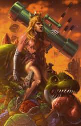 1girl ?_block bare_legs blonde_hair blood blue_eyes breasts bullet_bill castle cloud crown dash_martin dress earrings elbow_gloves fangs flagpole gloves hammer industrial_pipe jewelry koopa large_breasts lips looking_up m1_bazooka mario_(series) nintendo outdoors pink_dress princess princess_peach realistic rocket_launcher sky smile super_mario_bros._1 tongue torn_clothes torn_dress turtle_shell weapon yoshi