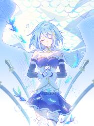 1girl absurdres air_bubble belt blue_hair blue_skirt bubble cape closed_eyes cowboy_shot detached_sleeves facing_viewer fish fortissimo frills gloves hair_ornament highres magical_girl mahou_shoujo_madoka_magica mahou_shoujo_madoka_magica_(anime) miki_sayaka miki_sayaka_(magical_girl) musical_note musical_note_hair_ornament own_hands_clasped own_hands_together parted_lips risheng_yueyin short_hair skirt solo standing sword weapon white_background white_cape white_gloves