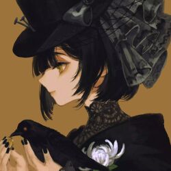 1girl bird bird_on_hand black_bird black_hat black_jacket black_nails bob_cut bridal_veil brown_background chrysanthemum crow flower hands_up hat heqiao highres jacket necrologist portrait profile reverse:1999 short_hair smile solo top_hat veil white_flower yellow_eyes