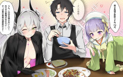 1boy 2girls ;) beret black_gloves black_horns black_robe black_vest bow bowl bread breasts cherry collarbone collared_shirt commentary_request dermar fate/grand_order fate_(series) food fried_egg fruit fujimaru_ritsuka_(male) gloves green_eyes grin hair_bow hat holding holding_bowl horns kazuradrop_(fate) lilith_(fate) long_hair long_sleeves multiple_girls one_eye_closed plate purple_hair robe sailor_collar shirt smile speech_bubble translation_request trembling vest white_hair white_hat white_sailor_collar white_shirt yellow_bow