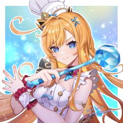 1girl ahoge apron armlet blonde_hair blue_eyes breasts chef chef_hat escoffier_(genshin_impact) genshin_impact hair_ornament hat heart heart_in_eye jewelry karanashi_mari ladle long_hair looking_at_viewer medium_breasts smile symbol_in_eye upper_body white_hat wrist_cuffs
