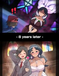 1boy 1girl absurdres artsheops black_hair blue_jacket blush breasts bridal_veil brown_dress brown_hair calem_(pokemon) cleavage closed_eyes closed_mouth collared_shirt drasna_(pokemon) dress earrings eyewear_on_headwear formal_clothes grey_eyes grey_suit grey_vest hat heart highres holding jacket jewelry large_breasts long_hair long_sleeves mature_female necklace necktie nintendo open_mouth pokemon pokemon_xy red_hat red_necktie shirt short_hair smile suit sunglasses tooth_earrings tooth_necklace veil vest wedding_dress white_dress white_shirt