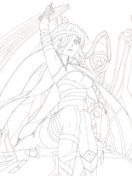 Rule 34 | 1girl, 1other, bandaged arm, bandaged leg, bandaged torso, bandages, breasts, chiharu (9654784), cloak, closed mouth, eiyuu densetsu, greyscale, hair between eyes, hair over one eye, highres, kuro no kiseki (series), kuro no kiseki i, lineart, looking at viewer, monochrome, olympia (eiyuu densetsu), open mouth, parted bangs, short hair, simple background, thighhighs, underboob, unfinished, white background, white cloak, white hair