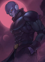Rule 34 | 1boy, alien, boriroba, colored skin, commentary request, covered abs, covered pectorals, cowboy shot, dragon ball, dragon ball super, elbow pads, frown, grey sleeves, hand in pocket, highres, hit (dragon ball), looking at viewer, looking to the side, male focus, multicolored skin, muscular, muscular male, pectorals, pink background, planet, purple skin, solo, two-tone skin