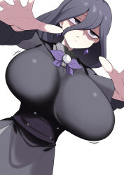 Rule 34 | 1girl, @ @, black dress, black eyes, breasts, closed mouth, corset, cowboy shot, dress, dutch angle, earrings, hair between eyes, hex maniac (pokemon), hex maniac (pokemon legends: z-a), huge breasts, jewelry, komado riru, long hair, long sleeves, nintendo, pokemon, pokemon legends: z-a, purple hair, simple background, solo, standing, white background