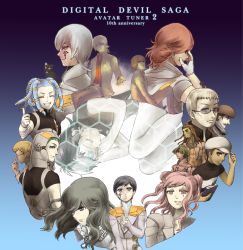 4girls 6+boys argilla black_eyes black_hair cat cielo_(dds) digital_devil_saga dual_persona facial_mark gale_(dds) green_eyes green_hair grey_eyes grey_hair heat_(dds) jenna_angel jinana lupa multiple_boys multiple_girls pink_eyes pink_hair purple_eyes purple_hair red_hair roland_(dds) schrodinger_(dds) sera seraph_(dds) serph shin_megami_tensei smile tattoo