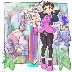 1girl black_jacket black_pantyhose blurry blurry_background breasts brown_hair cropped_jacket crotch_plate cup dress earrings full_body green_eyes highres holding holding_cup jacket jewelry medium_breasts medium_hair mega_man_(series) mega_man_legends_(series) oomasa_teikoku open_clothes open_jacket pantyhose pink_dress servbot_(mega_man) skull_brooch skull_earrings solo_focus standing tron_bonne_(mega_man) watermark