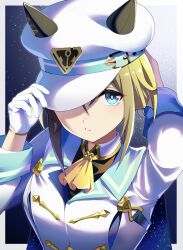 1girl absurdres animal_ears arm_behind_head ascot blue_eyes border breasts brown_hair cheval_grand_(umamusume) commentary ear_covers ears_through_headwear gloves hair_between_eyes hat hat_belt highres horse_ears horse_girl jacket looking_at_viewer medium_breasts peaked_cap single_glove solo star_(sky) starry_sky_background tawashi_hechima umamusume upper_body white_border white_gloves white_hat white_jacket yellow_ascot