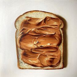 Rule 34 | absurdres, bread, bread slice, canvas (medium), food, food focus, highres, julia stankevych, no humans, oil painting (medium), original, painting (medium), peanut butter, photo (medium), realistic, signature, sprinkles, still life, traditional media, wall of text, white background