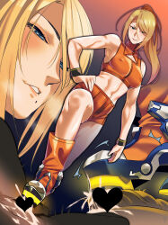1boy 1girl ^^^ absurdres blonde_hair blue_eyes boots breasts censored clothed_female_nude_male commentary_request covered_erect_nipples cum dutch_angle ejaculation footjob full_body gradient_hair hair_between_eyes hand_on_own_hip heart heart_censor heavy_breathing hetero high_heel_boots high_heels highres long_hair looking_down medium_breasts metroid metroid:_zero_mission mole mole_under_mouth multicolored_hair nana_g navel neon_lights nintendo nude orange_boots orange_shorts orange_tank_top penis ponytail pov projected_inset samus_aran shoejob shorts smirk solo stepped_on super_smash_bros. tank_top testicles toned toned_female wristband