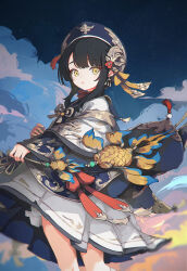 Rule 34 | 1girl, bespin, black hair, blue cape, blue hat, blue skirt, cape, charm (object), chinese hat, cloud, comiket 104, dusk, fish charm, from side, gold trim, gradient sky, hat, highres, holding, holding charm, long sidelocks, long sleeves, looking at viewer, neck ribbon, night, night sky, orange sky, original, outdoors, pleated skirt, red ribbon, ribbon, short hair with long locks, sidelocks, skirt, sky, solo, swept bangs, tassel, two-sided fabric, two-sided skirt, two-tone cape, white cape, white skirt, wide sleeves, yellow eyes