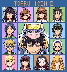 2boys 6+girls a_certain_high_school_uniform agnese_sanctis ahoge biting black_hair blonde_hair brown_hair closed_mouth collared_shirt commentary_request duo_qi_chuan fukiyose_seiri glasses green_hair green_shirt grey_hair habit hair_between_eyes hair_over_one_eye hair_ribbon index_(toaru_majutsu_no_index) itsuwa kamijou_touma kanzaki_kaori last_order_(toaru_majutsu_no_index) long_bangs long_hair lowres maid maid_headdress medium_hair misaka_misuzu multiple_boys multiple_girls nun oriana_thomason orsola_aquinas partial_commentary pink_tank_top portrait red_hair ribbon school_uniform shirt short_hair sidelocks spiked_hair sunglasses sweatdrop tank_top tessou_tsuzuri toaru_majutsu_no_index toaru_majutsu_no_index:_old_testament tsuchimikado_maika tsuchimikado_motoharu v-shaped_eyebrows white_shirt yomikawa_aiho