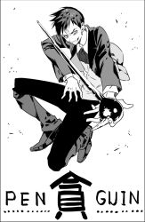 1boy angry bad_id bad_pixiv_id batman_(series) black_pants boots character_name dc_comics formal_clothes full_body gotham_(series) greyscale grin holding holding_staff male_focus monochrome oswald_chesterfield_cobblepot pants simple_background smile staff suit the_penguin too_mizuguchi vest white_background