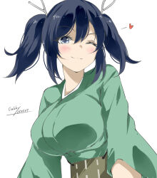 1girl blue_eyes blue_hair blush breasts dated gakky green_kimono hair_ribbon heart highres japanese_clothes kantai_collection kimono large_breasts long_hair long_sleeves looking_at_viewer one_eye_closed ribbon smile souryuu_(kancolle) twintails twitter_username upper_body white_background white_ribbon wide_sleeves