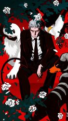 1boy absol absurdres alternate_costume bird black_feathers black_jacket black_pants black_skin black_suit bright_pupils cigarette collared_shirt colored_skin demon_tail dog falling_petals feathers flower flying formal_clothes frown gen_2_pokemon gen_3_pokemon gen_4_pokemon grey_hair highres holding holding_cigarette honchkrow horns houndoom jacket looking_at_viewer male_focus nanu_(pokemon) nintendo pants petals piao_lao58449 pokemon pokemon_(creature) pokemon_sm red_background red_eyes rose shirt short_hair single_horn sitting suit tail trait_connection white_feathers white_flower white_fur white_pupils white_rose white_shirt