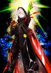 Rule 34 | 1boy, aqua eyes, arm above head, black background, black coat, black pants, boots, brass knuckles, chain, closed mouth, coat, expressionless, eyeliner, fate/grand order, fate (series), feet out of frame, game cg, gradient hair, hair over one eye, hand up, high collar, hood, hood up, hooded coat, karna (fate), karna (santa) (fate), lace-up boots, long sleeves, looking at viewer, makeup, male focus, medium hair, multicolored hair, official art, one eye covered, pako (pakosun), pale skin, pants, punching bag, red boots, red eyeliner, red hair, solo, swept bangs, thigh boots, third-party source, weapon, white hair