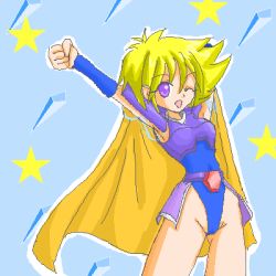 Rule 34 | 1girl, armor, blonde hair, cape, faye, female focus, final fantasy, final fantasy mystic quest, lowres, non-web source, oekaki, purple eyes, short hair, solo