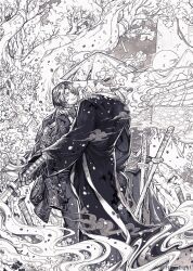 2boys blade_lineage_(identity)_(project_moon) coat egasumi flaw_eight flower full_body gregor_(project_moon) greyscale hat highres holding_hands katana kurokumo_clan_(identity)_(project_moon) limbus_company long_sleeves low_ponytail mechanical_hands meursault_(project_moon) monochrome mountain multiple_boys parted_bangs ponytail project_moon rice_hat single_mechanical_hand sword tree weapon