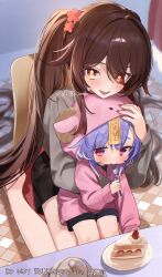 Rule 34 | 2girls, absurdres, alternate costume, blue hair, bright pupils, brown hair, cake, eating, eyes visible through hair, flower-shaped pupils, food, fork, genshin impact, hair between eyes, hair over one eye, highres, holding, holding fork, hood, hoodie, hu tao (genshin impact), imasaki kei, indoors, long hair, looking at another, looking at viewer, multiple girls, open mouth, pink eyes, pink hoodie, qiqi (genshin impact), red eyes, smile, symbol-shaped pupils, twintails, twitter username, very long hair